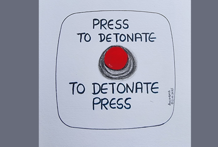 Drawing of a red detonator with the words Press To Detonate and To Detonate Press