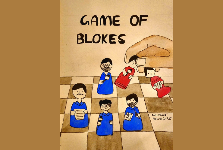 An illustration of a chessboard with only male players, while a hand removes the female players.