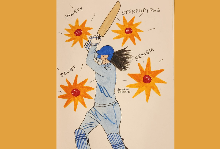 An illustration of a woman cricketer hitting away at balls named anxiety, doubt, stereotypes, sexism,