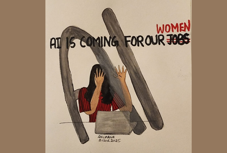 An illustration of a woman at her laptop with the letters AI over her.